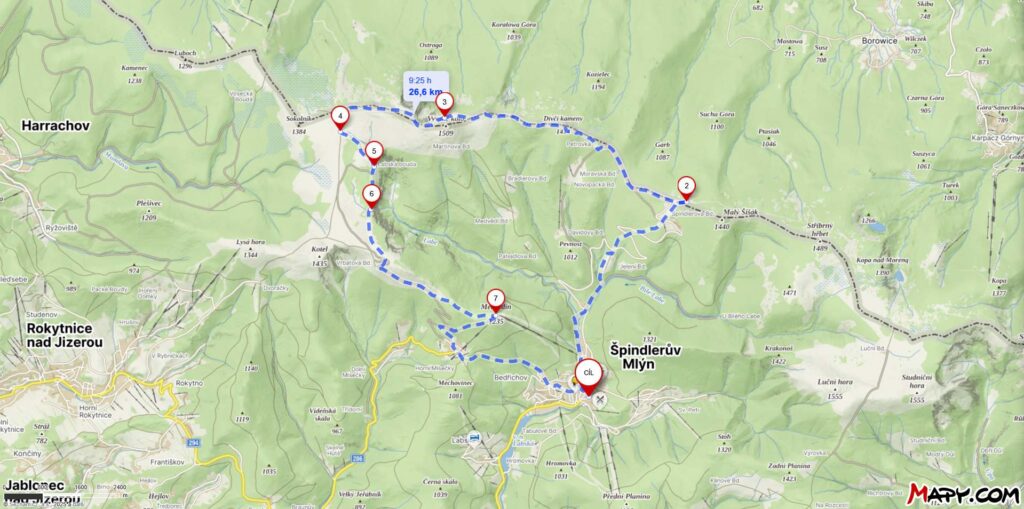 Mapa trasy kolem spindlu opt